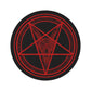 A large baphomet rug sitting on a white background. The rug itself is black with red rings. The inner ring has lines spaced evenly. The center forms a pentacle with a goats head, it's horns at the top points, and its beard flowing down to the bottom. It has a pentagram on its forehead.