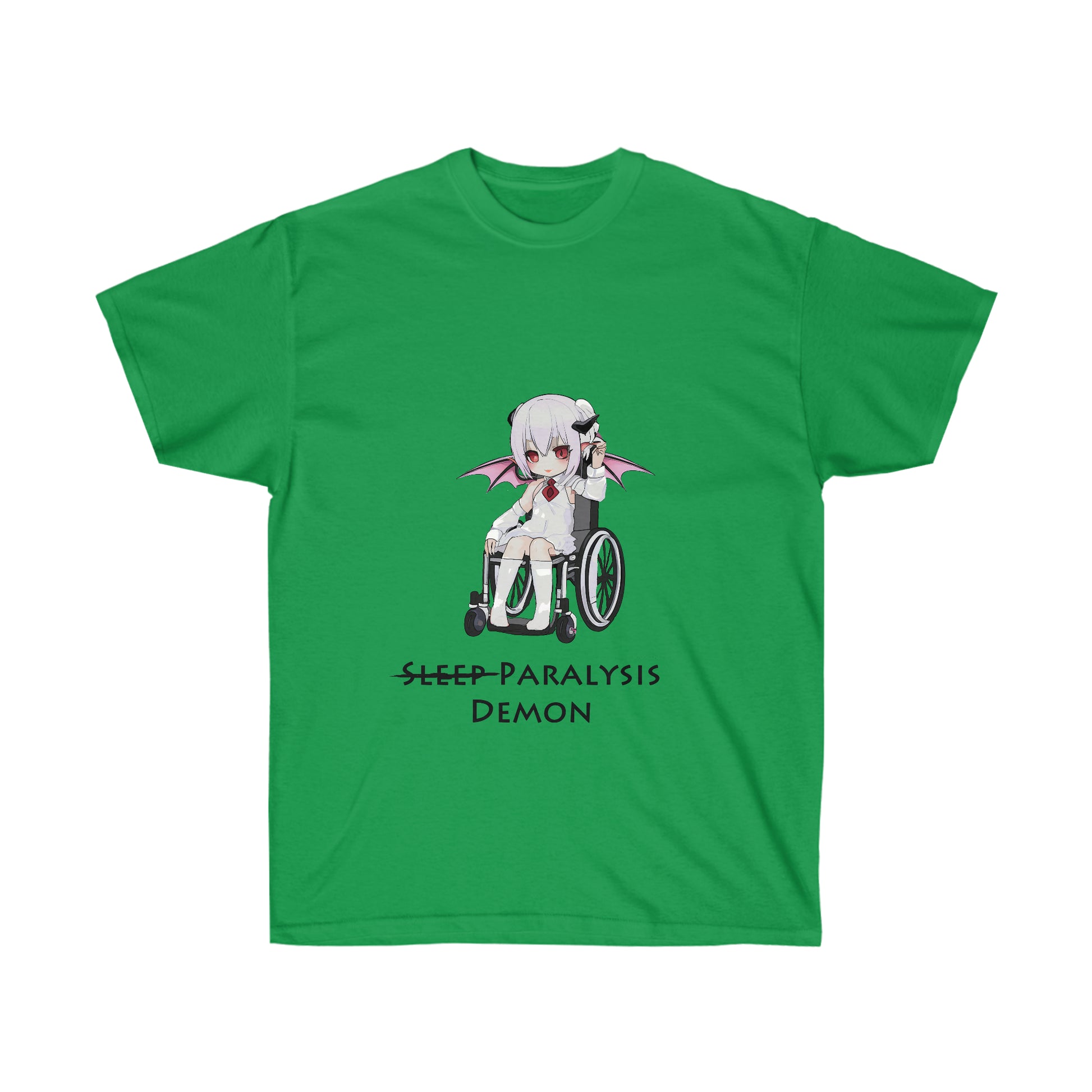 A green shirt featuring a graphic of a demon in a white shirt and skirt with a red tie sitting in a wheelchair. Below the graphic, there is black text reading "Sleep paralysis demon" with sleep crossed out.