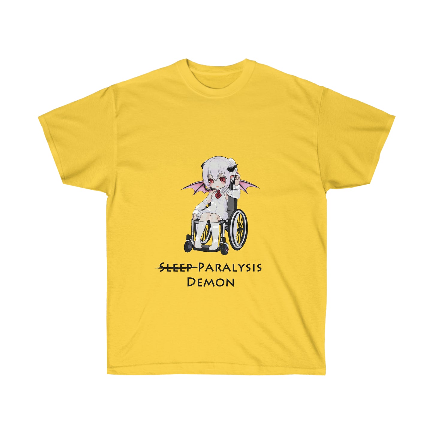 A yellow shirt featuring a graphic of a demon in a white shirt and skirt with a red tie sitting in a wheelchair. Below the graphic, there is black text reading "Sleep paralysis demon" with sleep crossed out.