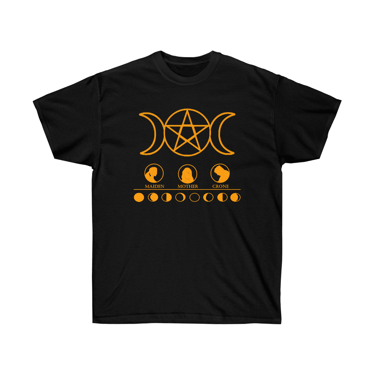 A black shirt. At the top is a golden triple goddess moon pentacle. Below that is 3 circles with maiden, mother, and crone printed below them and accompanying silhouettes depicting each. A horizontal line separates depictions of the different phases of the moon.