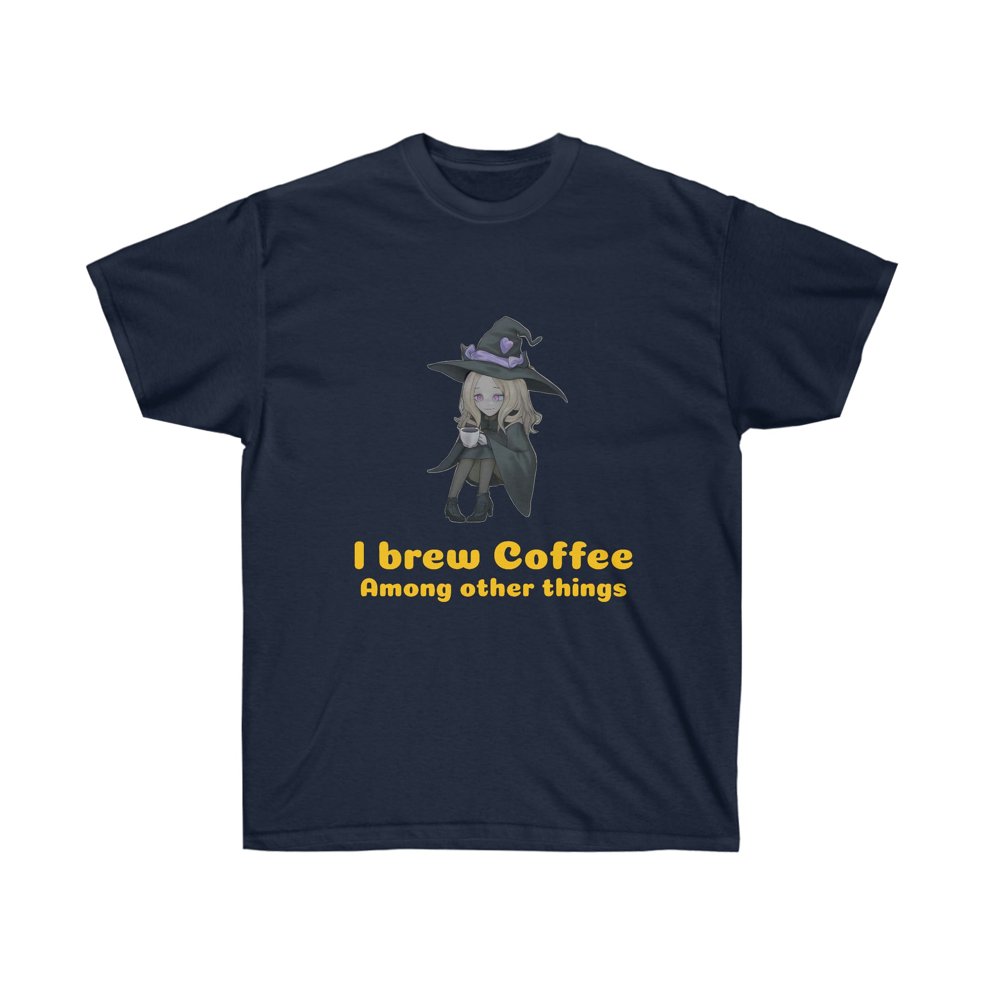 A navy blue coloured t-shirt with a blond witch in a black robe and hat drinking coffee. The yellow-gold text reads "I brew coffee among other things"