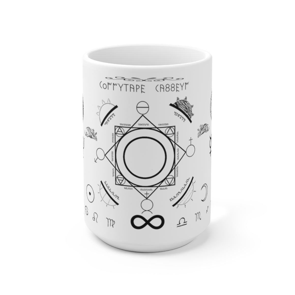 A white mug sitting on a white background. On the top of the mug is the text "Transmute Coffee" in latin. There are an assortment of symbols around the mug. The main one in the center is a composite custom designed for enchanting. It shows the four alchemical suns and transition states of process. It represents the process of alchemy itself. Below it is the infinity symbol. Along either side of the infinity symbol are the zodiac signs. 