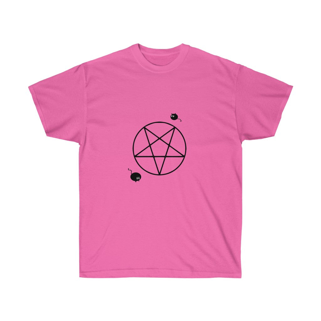 A pink shirt. It has an upside down pentacle with a mouse in the bottom left corner and a chibi cat demon in the upper right corner.