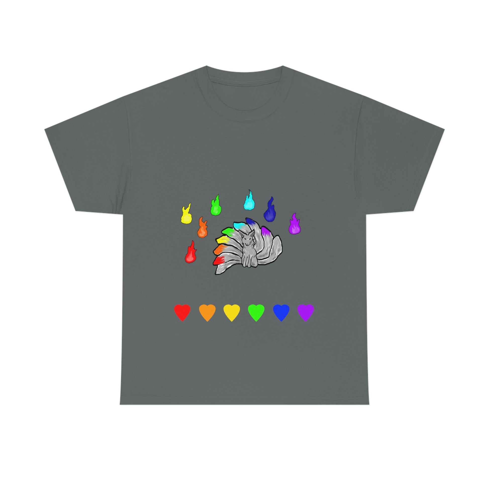 A gray shirt with a grey kitsune dead center. There are 7 fires above and 7 hearts below them. Their tails, the fires, and the hearts, are in rainbow pride colours.