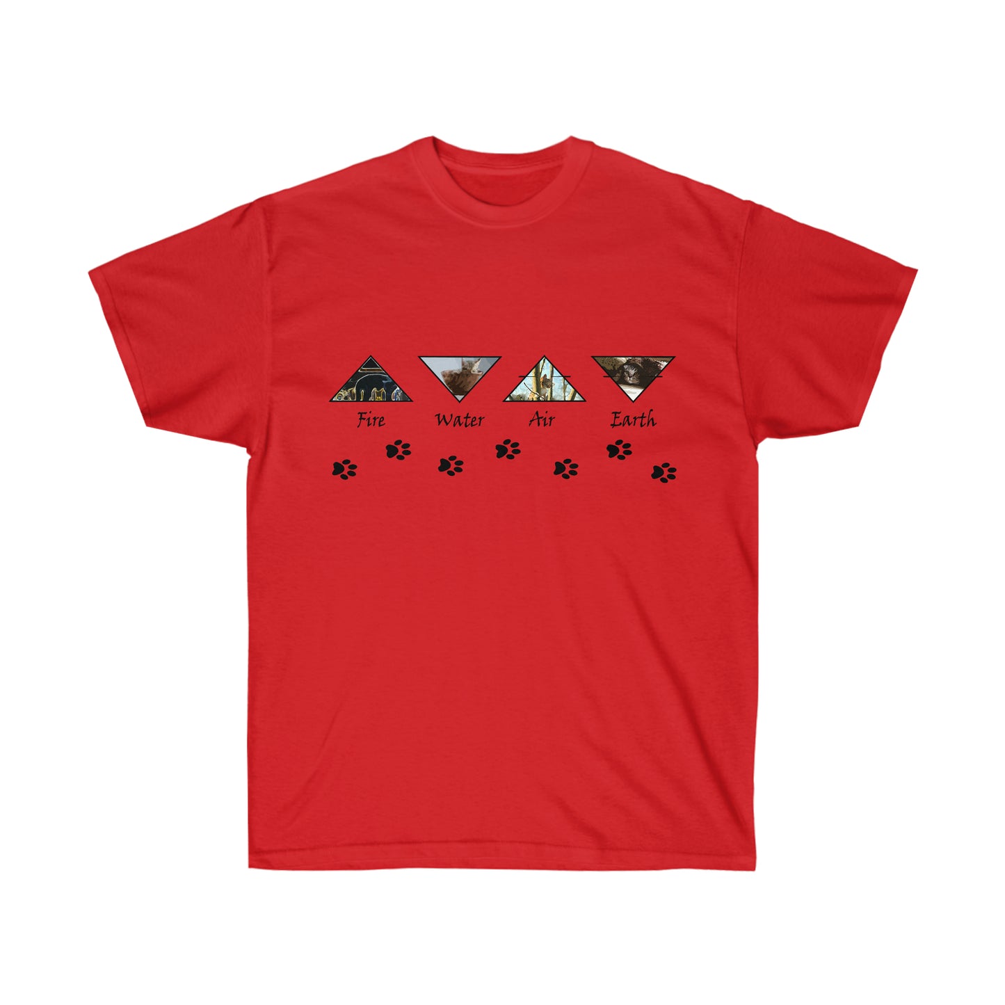 A red shirt with 4 black outlined triangles alternating pointed up and down. The triangles each have representations of the elements with the text fire, water, air, and earth underneath each respectively. Underneath the triangles are black cat paw prints.