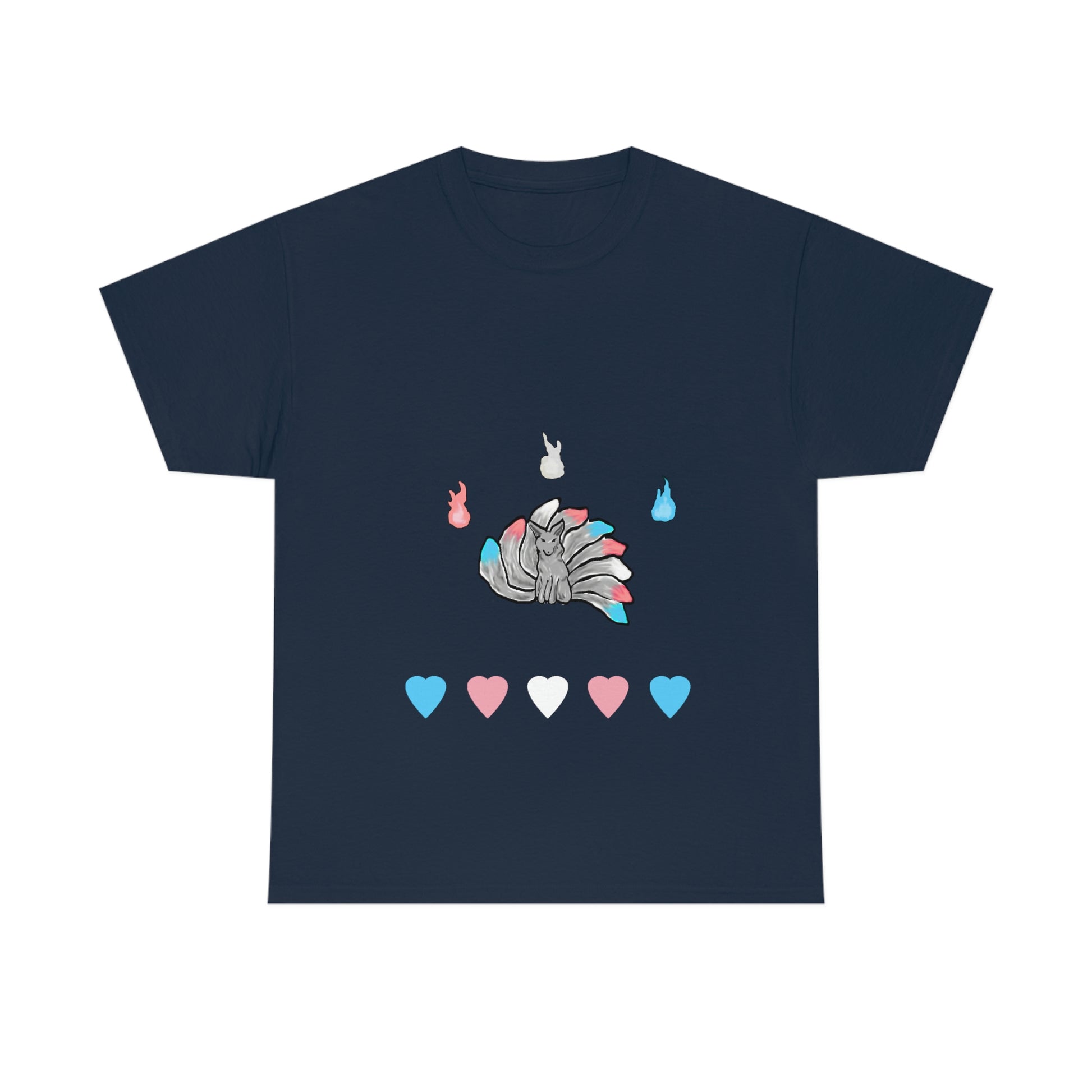 A navy blue shirt with a grey kitsune dead center. There are 3 fires above and 5 hearts below them. Their tails, the fires, and the hearts, are in the trans pride colours.