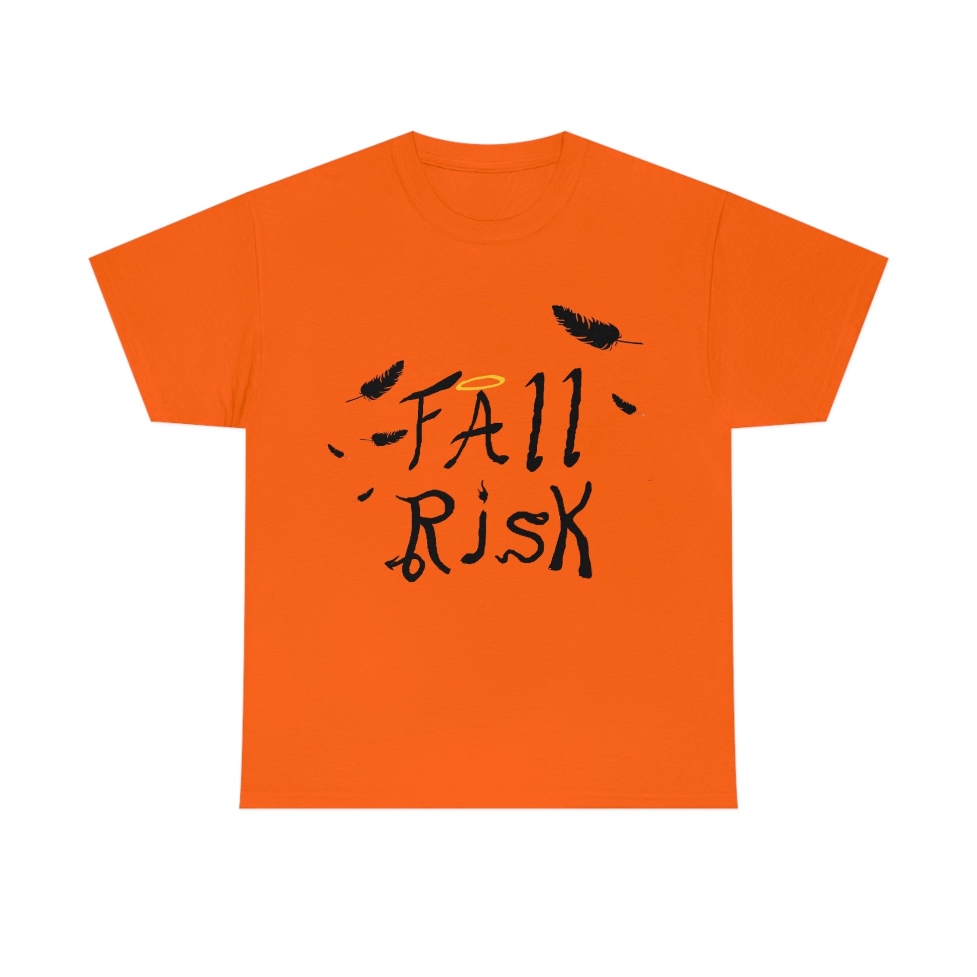 An orange shirt with black text that reads "Fall Risk". There's feathers strewn about. A halo sits above the A. The r has a devils tail, the I is a candle, the S is a snake, and the K has cloven hooves.