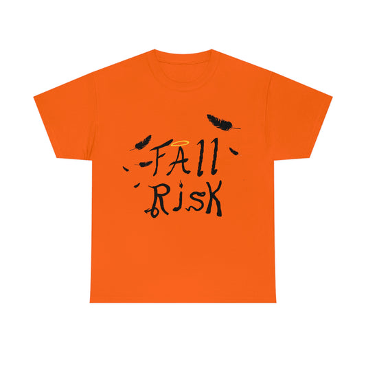 An orange shirt with black text that reads "Fall Risk". There's feathers strewn about. A halo sits above the A. The r has a devils tail, the I is a candle, the S is a snake, and the K has cloven hooves.