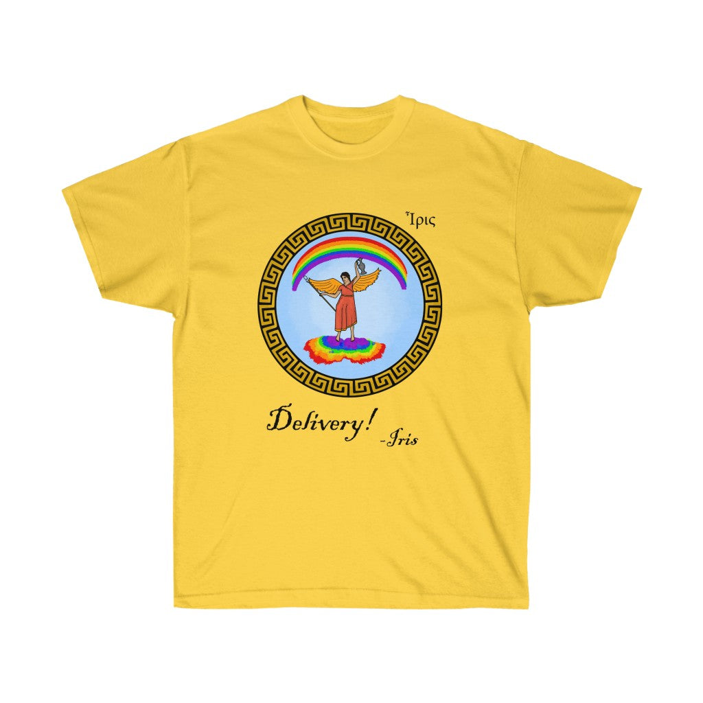 A yellow shirt. It has a graphic in the middle depicting the goddes Iris riding on a rainbow cloud. She's wearing a red dress and holding a spear and jug. There's a rainbow above her. Surrounding her graphic is circular meandros. Below her graphic is black text that says "Delivery! -Iris." In the upper left is her name in greek.