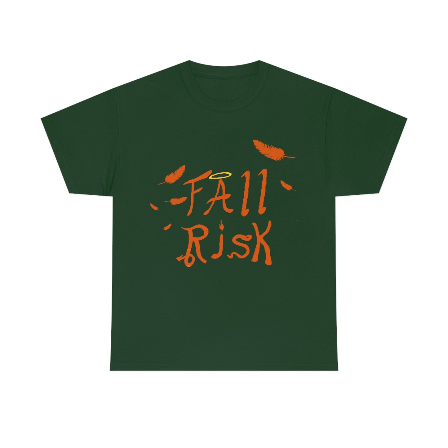 A forest green shirt with orange text that reads "Fall Risk". There's feathers strewn about. A halo sits above the A. The r has a devils tail, the I is a candle, the S is a snake, and the K has cloven hooves.