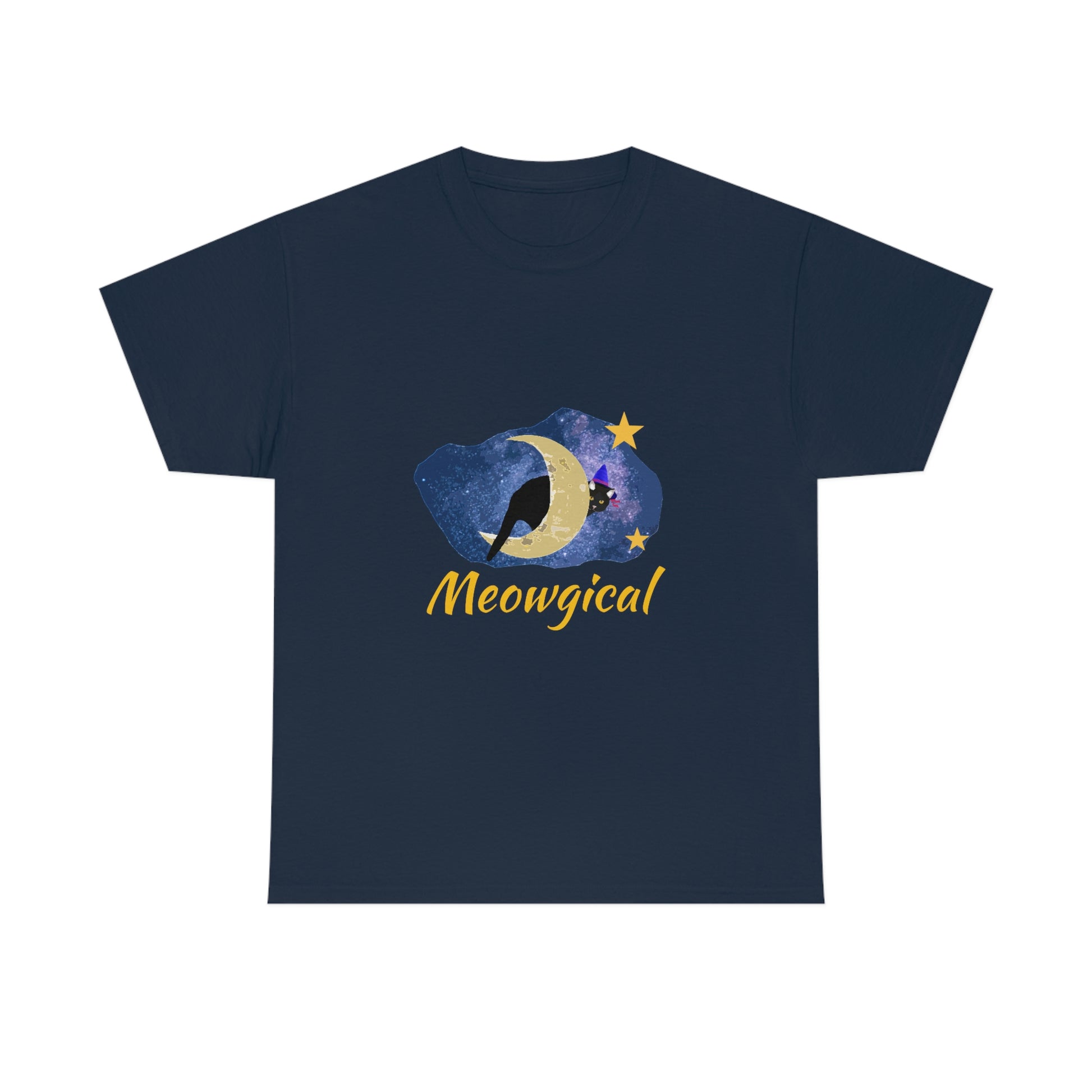 A navy blue shirt with a galaxy print. Inside the galaxy is a crescent moon with a black cat wearing a witches hat peaking around. Below the galaxy print is the words "meowgical" in yellow.