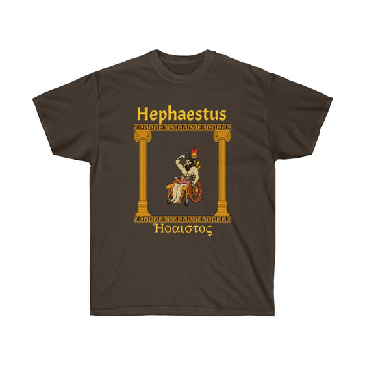 A brown shirt with the god Hephaestus printed on it. He is sitting in a stylized wheelchair with a lit torch on the back of it and is wielding a hammer. To the sides of him are gold pillars upholding gold marble. Above him is the words "Hephaestus" while below him is his name in greek, both in yellow.