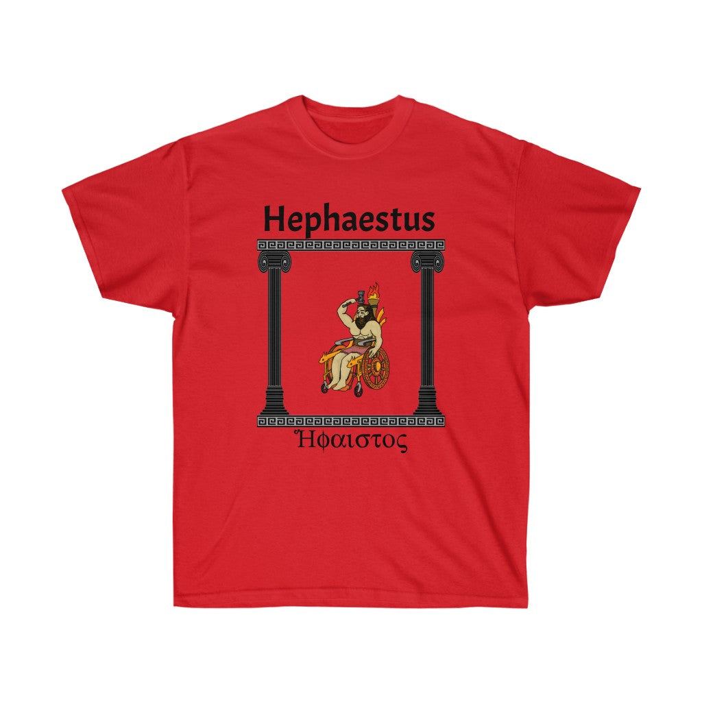 A red shirt with the god Hephaestus printed on it. He is sitting in a stylized wheelchair with a lit torch on the back of it and is wielding a hammer. To the sides of him are black pillars upholding gray marble. Above him is the words "Hephaestus" while below him is his name in greek, both in black.