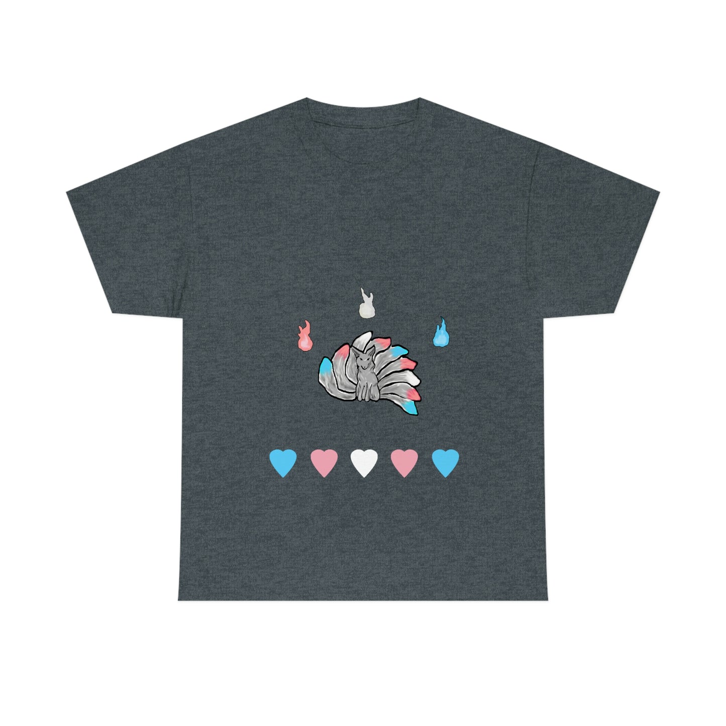 A dark gray shirt with a grey kitsune dead center. There are 3 fires above and 5 hearts below them. Their tails, the fires, and the hearts, are in the trans pride colours.