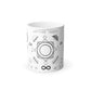 A white mug sitting on a white background. On the top of the mug is the text "Transmute Coffee" in latin. There are an assortment of symbols around the mug. The main one in the center is a composite custom designed for enchanting. It shows the four alchemical suns and transition states of process. It represents the process of alchemy itself. Below it is the infinity symbol. Along either side of the infinity symbol are the zodiac signs. 