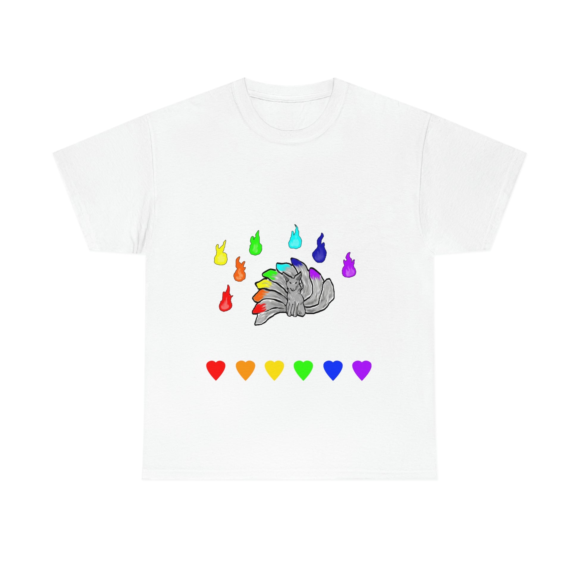 A white shirt with a grey kitsune dead center. There are 7 fires above and 7 hearts below them. Their tails, the fires, and the hearts, are in rainbow pride colours.