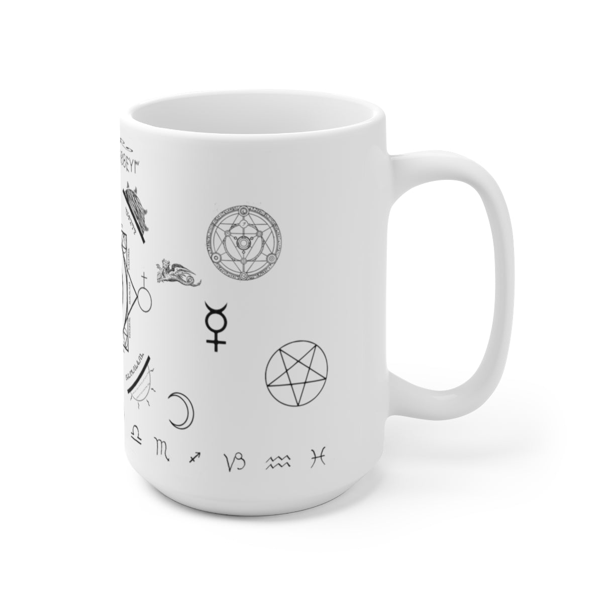 A white mug sitting on a wooden table. On the mug is an assortment of alchemical symbols, including a half moon, a pentacle, the symbol for mercury, zodiac signs along the bottom, etc.