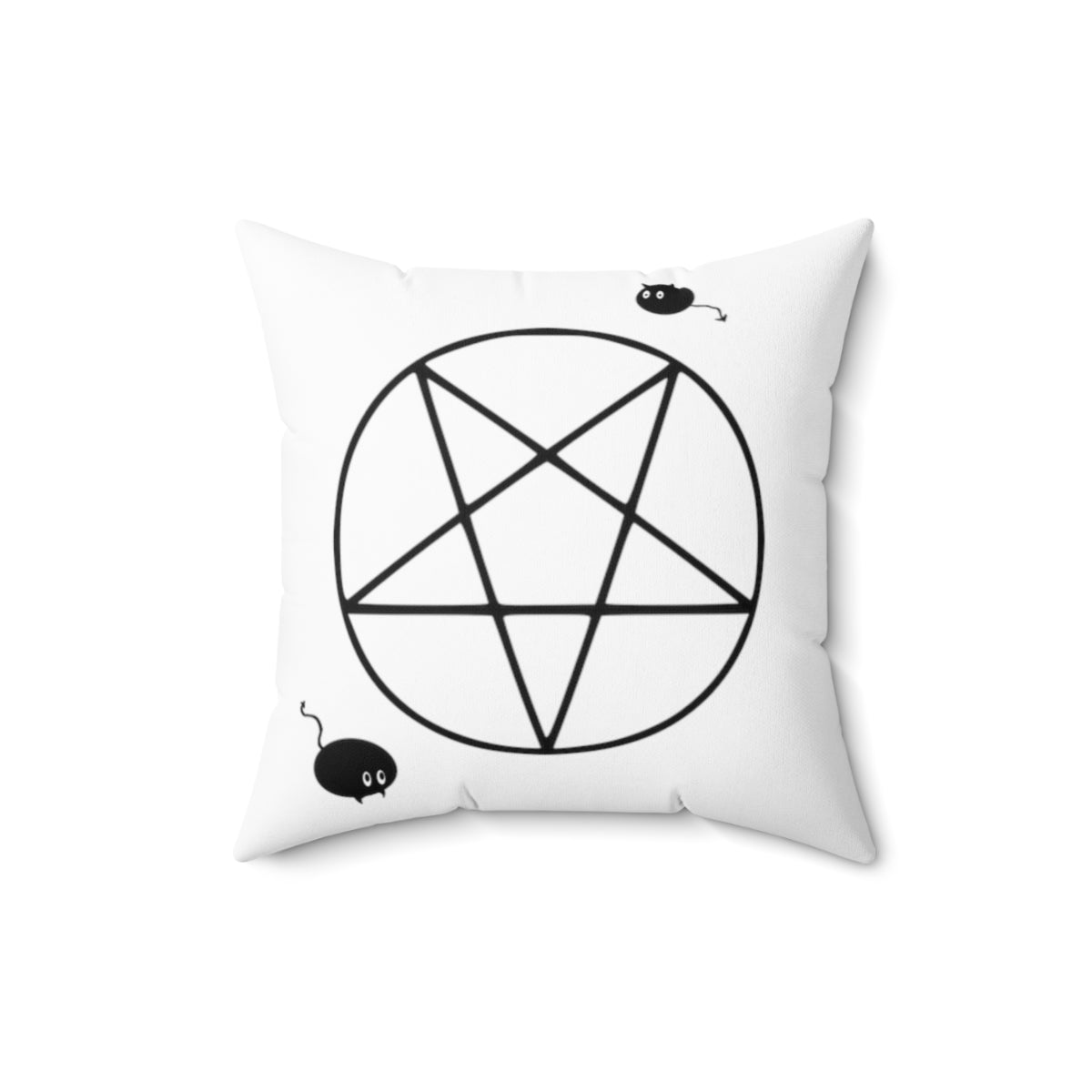 A white throw pillow. It features a large black pentacle in the center, a mouse in the bottom left, and a cat with a devil tail in the upper right.