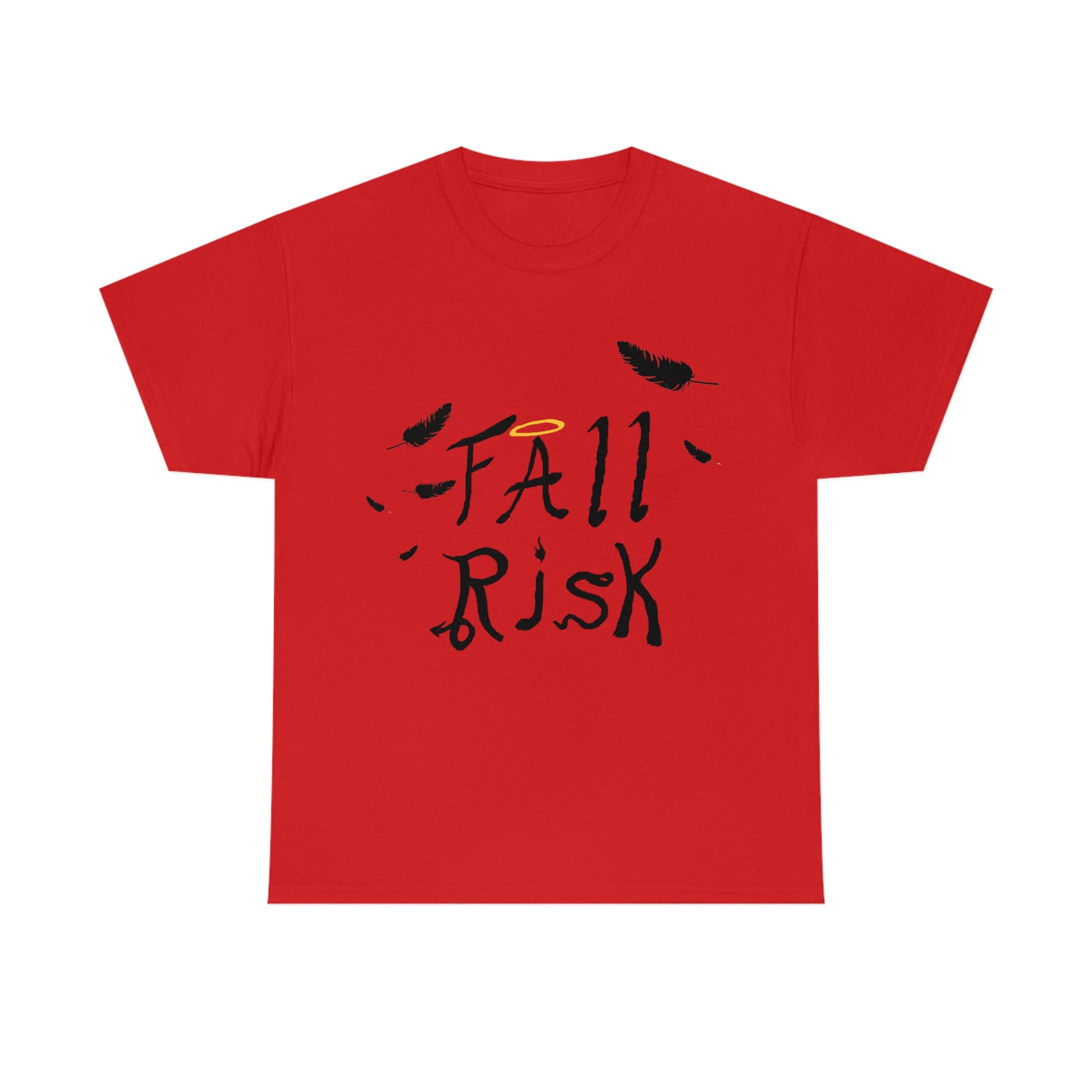 A red shirt with black text that reads "Fall Risk". There's feathers strewn about. A halo sits above the A. The r has a devils tail, the I is a candle, the S is a snake, and the K has cloven hooves.