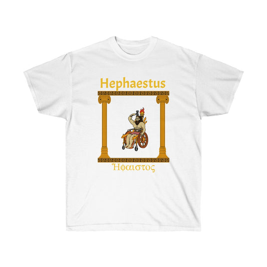 A white shirt with the god Hephaestus printed on it. He is sitting in a stylized wheelchair with a lit torch on the back of it and is wielding a hammer. To the sides of him are gold pillars upholding gold marble. Above him is the words "Hephaestus" while below him is his name in greek, both in gold.