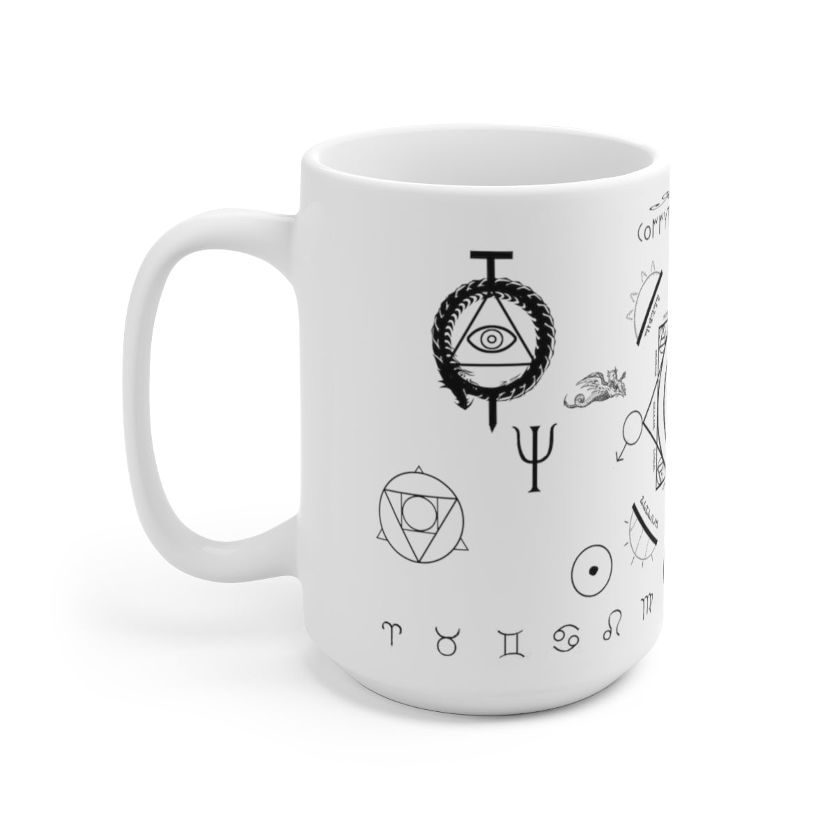 A white mug sitting on a white background. On the mug is an assortment of alchemical symbols. Towards the top is an Ouroboros with an all seeing eye staked through the center. Just below is a trident. Below, and to the left, is a symbol for the philosopher's stone. To the bottom right of that is the symbol for sol. Below all of it are an assortment of the zodiac signs.