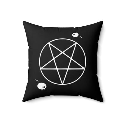 A black throw pillow. It features a large white pentacle in the center, a mouse in the bottom left, and a cat with a devil tail in the upper right.