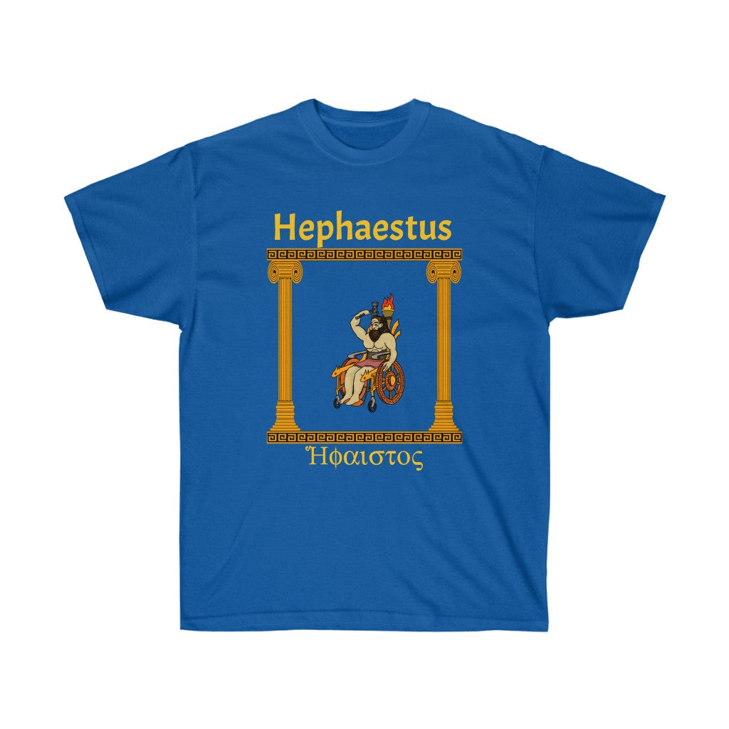 A navy blue shirt with the god Hephaestus printed on it. He is sitting in a stylized wheelchair with a lit torch on the back of it and is wielding a hammer. To the sides of him are gold pillars upholding gold marble. Above him is the words "Hephaestus" while below him is his name in greek, both in yellow.