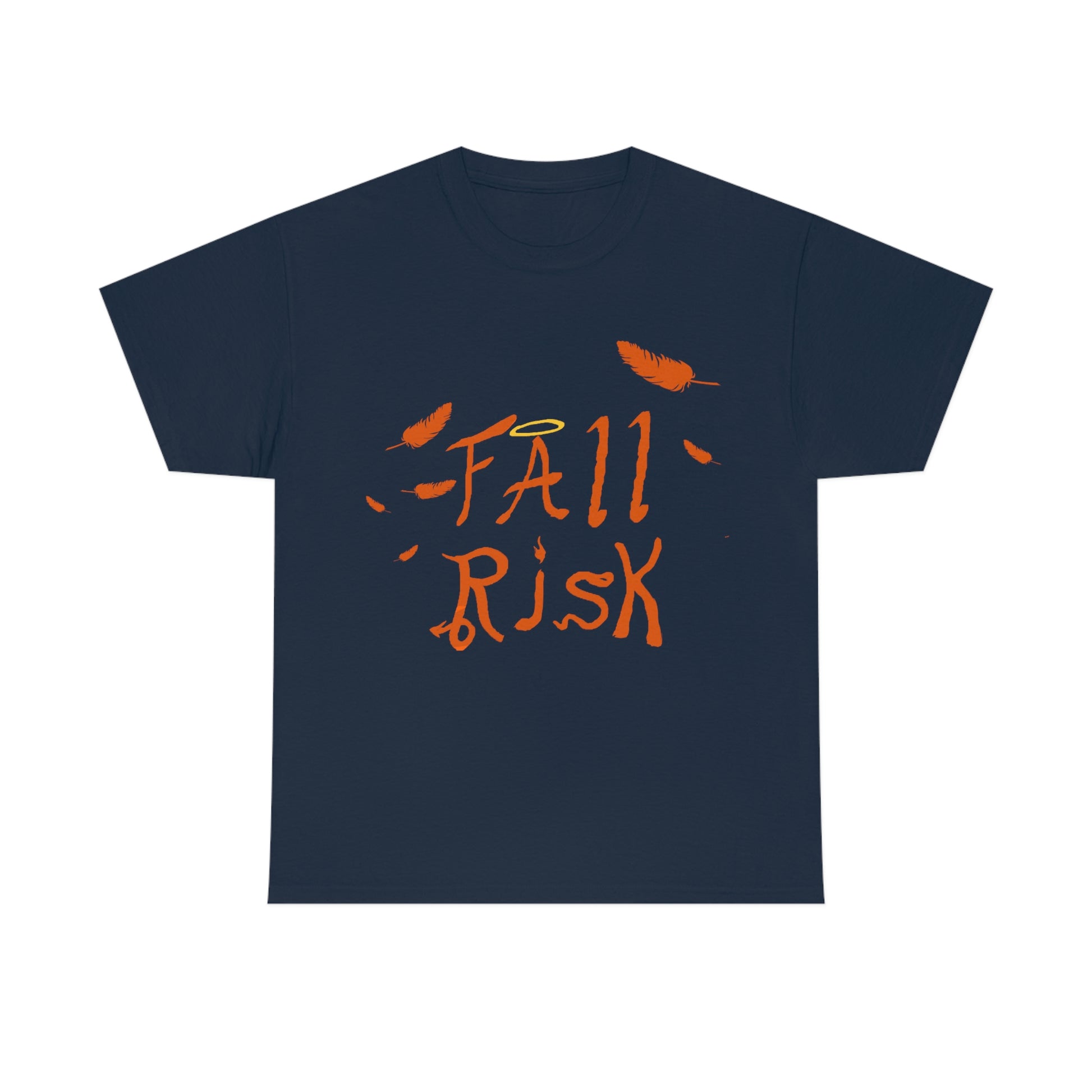 A dark blue shirt with orange text that reads "Fall Risk". There's feathers strewn about. A halo sits above the A. The r has a devils tail, the I is a candle, the S is a snake, and the K has cloven hooves.