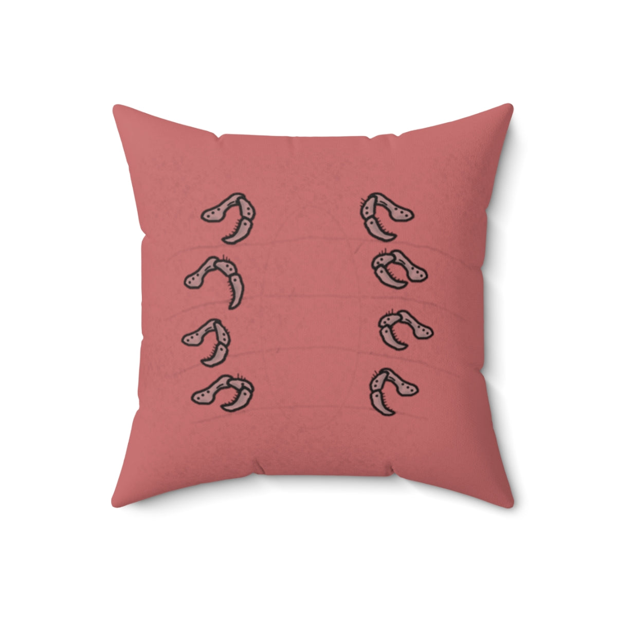 A dark pink throw pillow. It prominently features 8 legs that look like hermit crab legs (Segmented with hairs on them, curving at each segment), 4 on each side.