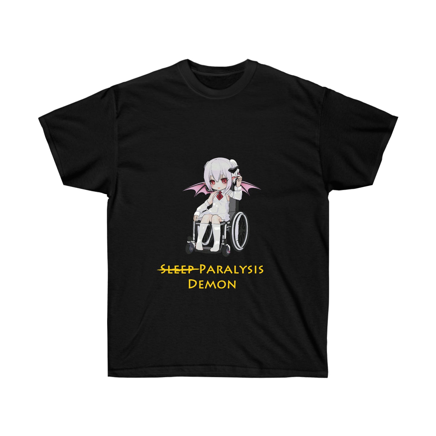 A black shirt featuring a graphic of a demon in a white shirt and skirt with a red tie sitting in a wheelchair. Below the graphic, there is gold text reading "Sleep paralysis demon" with sleep crossed out.