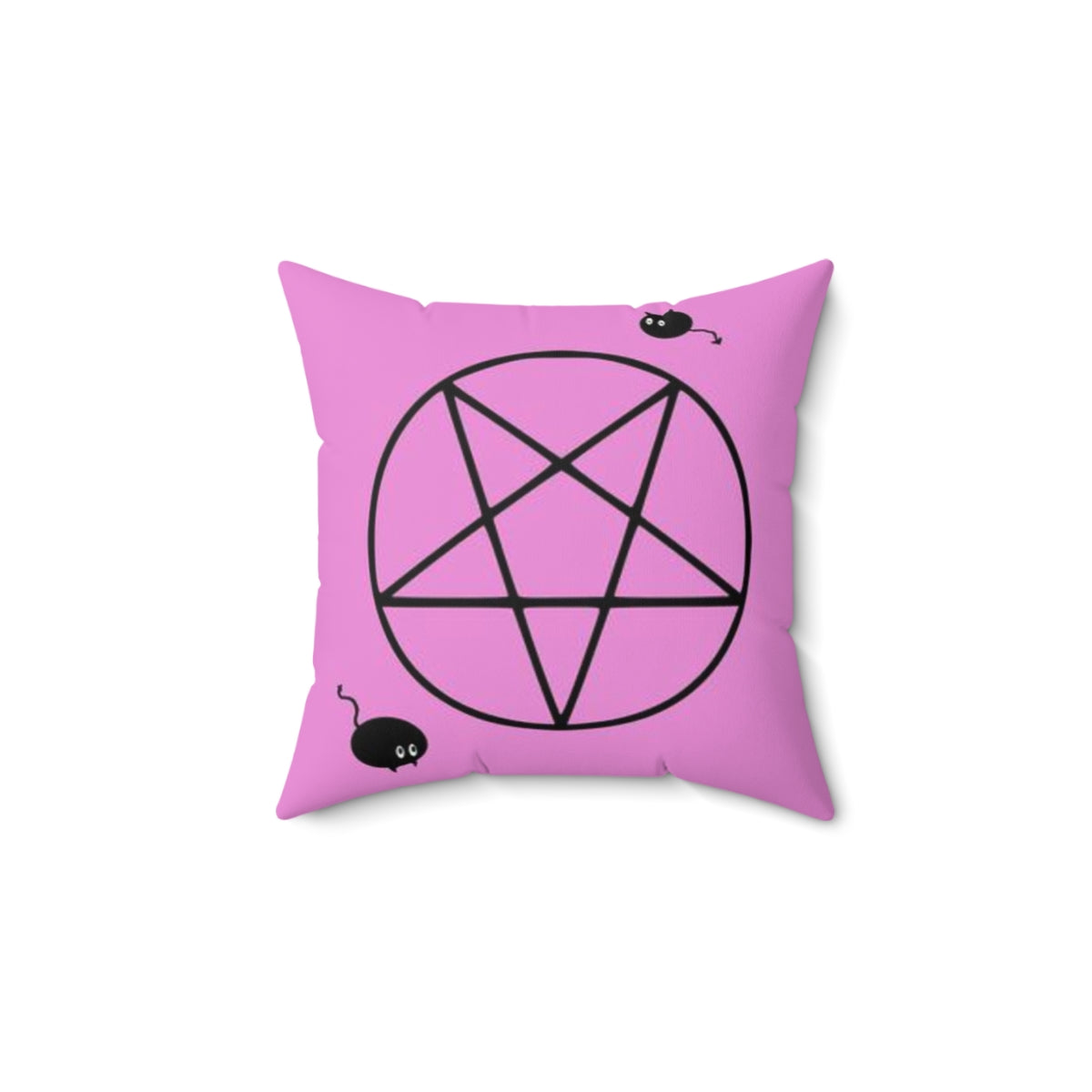 A pink throw pillow. It features a large black pentacle in the center, a mouse in the bottom left, and a cat with a devil tail in the upper right.