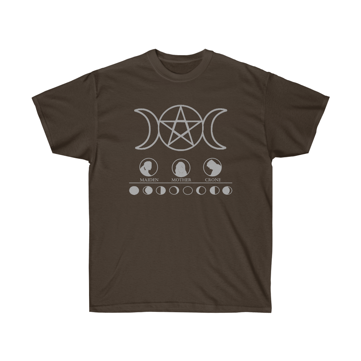 A dark chocolate shirt. At the top is a silver triple goddess moon pentacle. Below that is 3 circles with maiden, mother, and crone printed below them and accompanying silhouettes depicting each. A horizontal line separates depictions of the different phases of the moon.