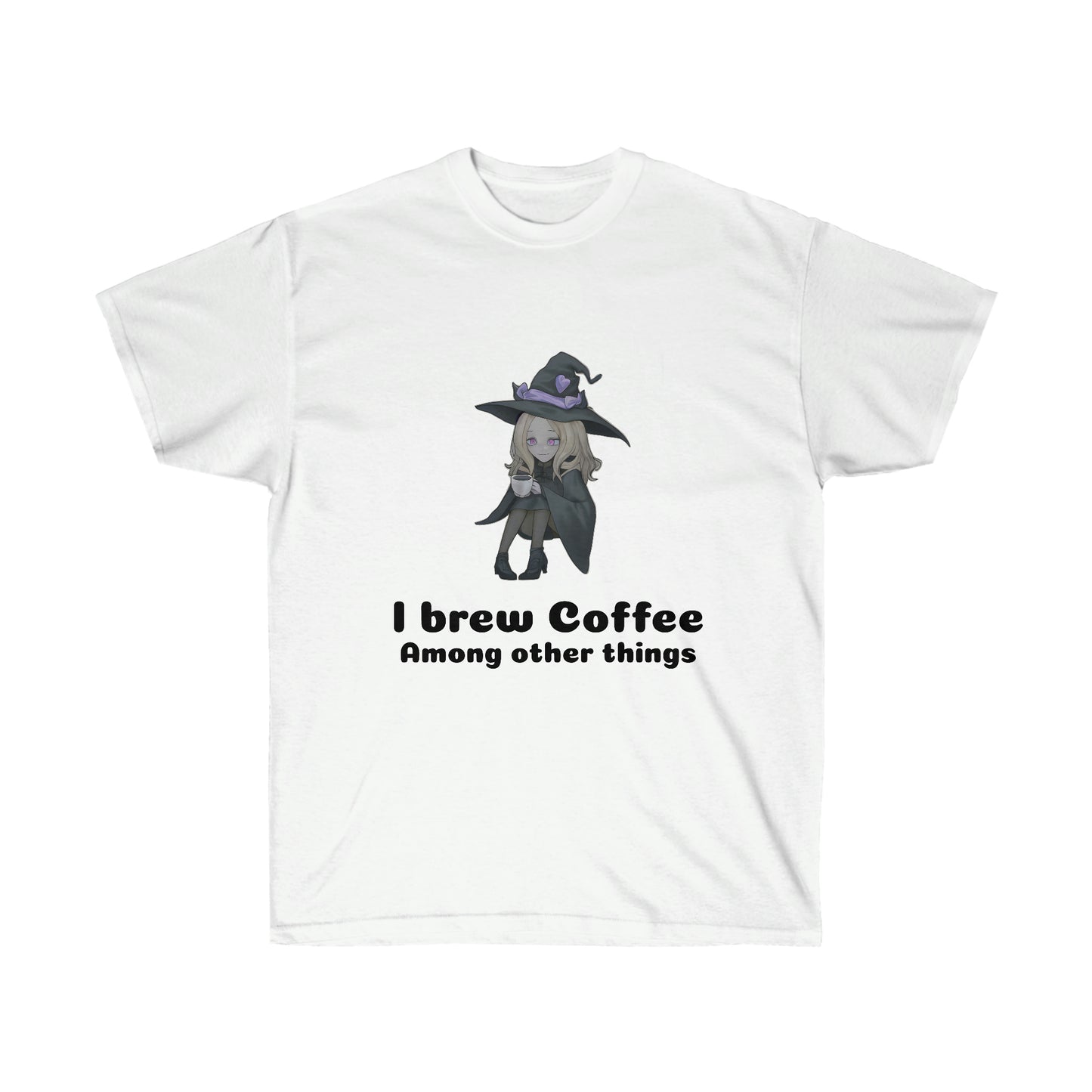 A  white coloured t-shirt with a blond witch in a black robe and hat drinking coffee. The black text reads "I brew coffee among other things"