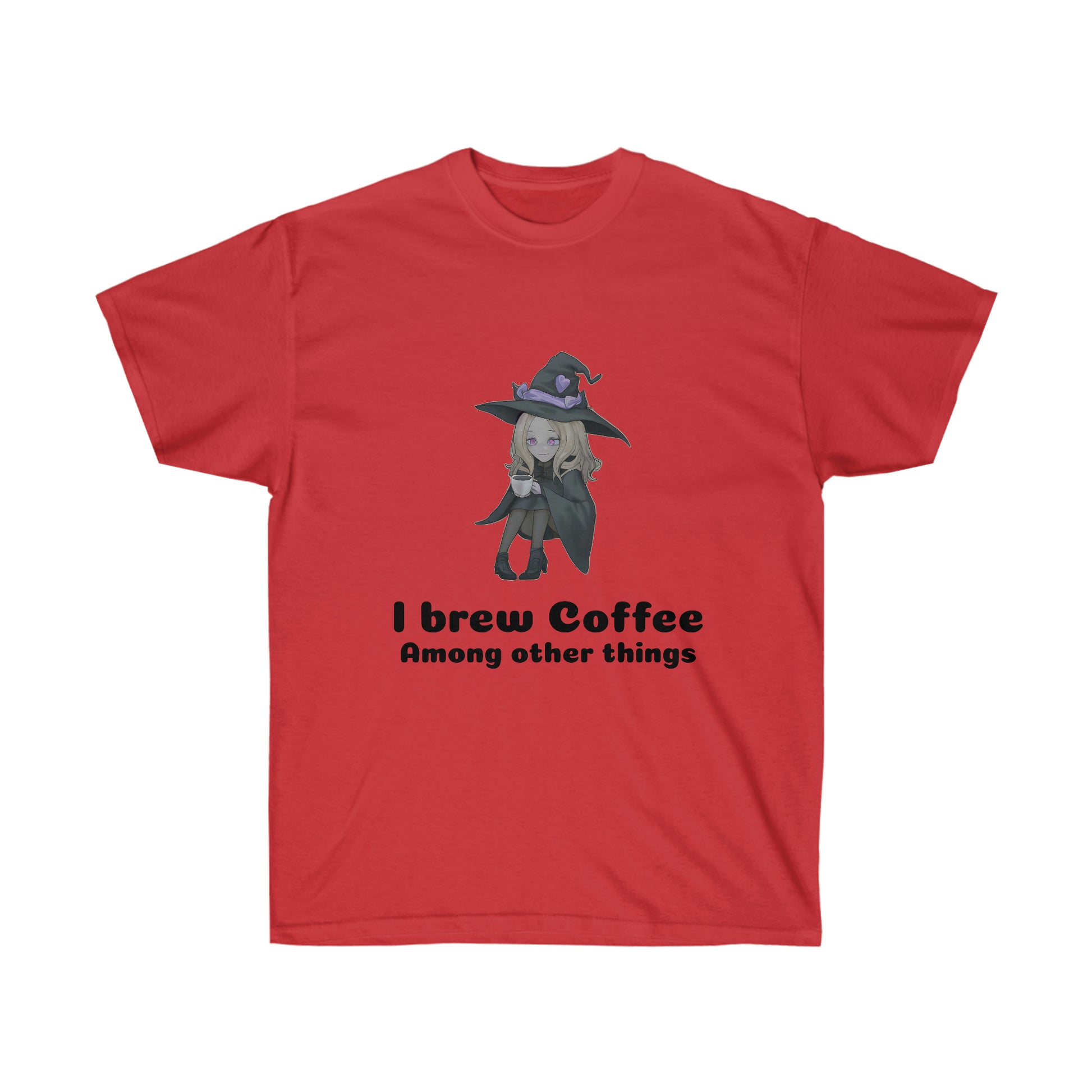 A red coloured t-shirt with a blond witch in a black robe and hat drinking coffee. The black text reads "I brew coffee among other things"