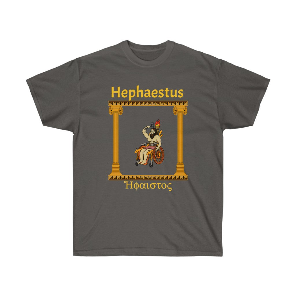 A gray shirt with the god Hephaestus printed on it. He is sitting in a stylized wheelchair with a lit torch on the back of it and is wielding a hammer. To the sides of him are gold pillars upholding gold marble. Above him is the words "Hephaestus" while below him is his name in greek, both in yellow.