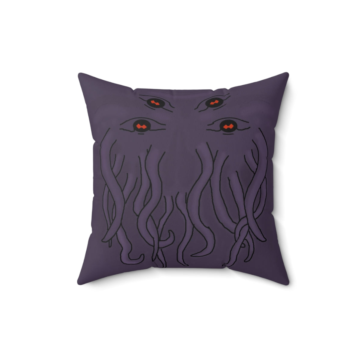 A purple throw pillow with a stylized rendition of cthulu's face on it. It prominently features four eyes at the top and his tentacles below them.