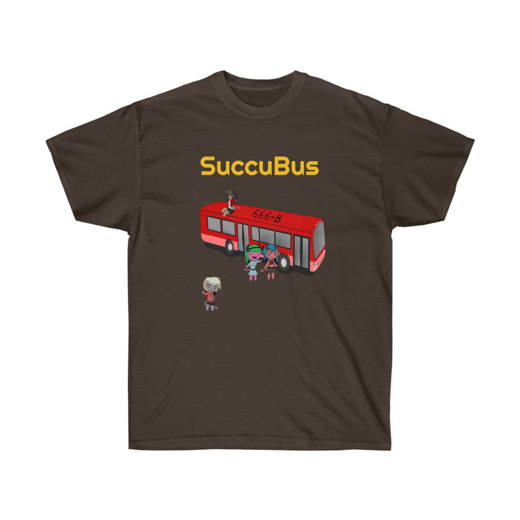 A brown shirt. It has a graphic of a red bus with the number "666-B" on the roof. There is a succubus sitting on the roof of the bus, two other succubi standing beside it, and another standing a bit away from it. Above the bus is the text "SuccuBus" in golden text.