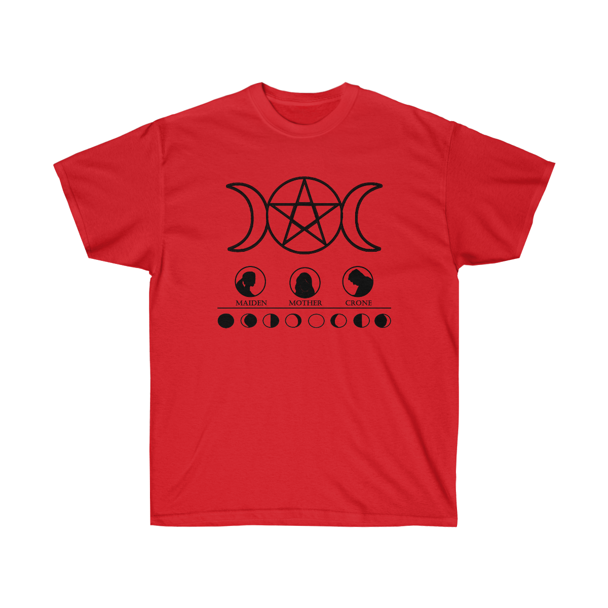 A red shirt. At the top is a black triple goddess moon pentacle. Below that is 3 circles with maiden, mother, and crone printed below them and accompanying silhouettes depicting each. A horizontal line separates depictions of the different phases of the moon.