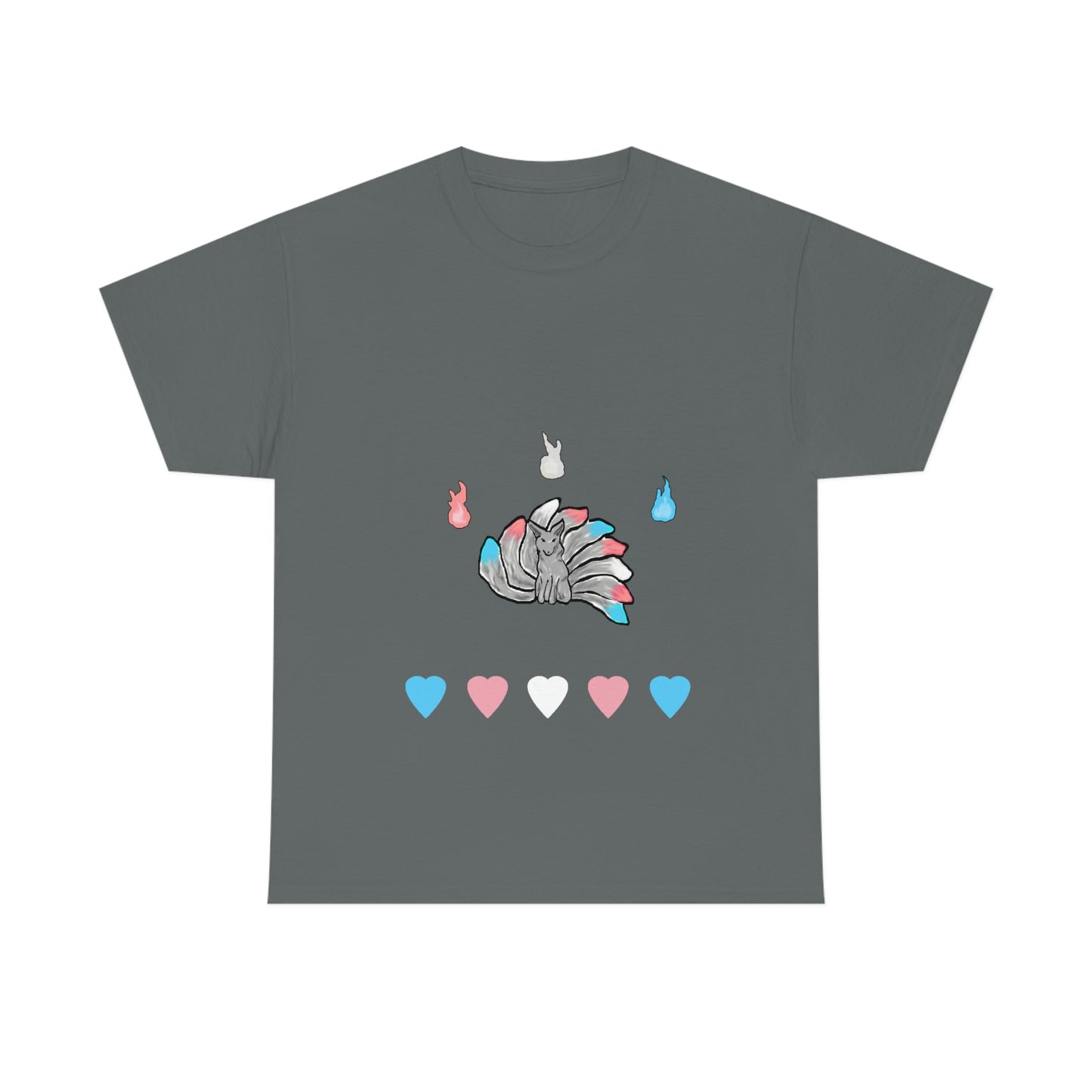 A gray shirt with a grey kitsune dead center. There are 3 fires above and 5 hearts below them. Their tails, the fires, and the hearts, are in the trans pride colours.