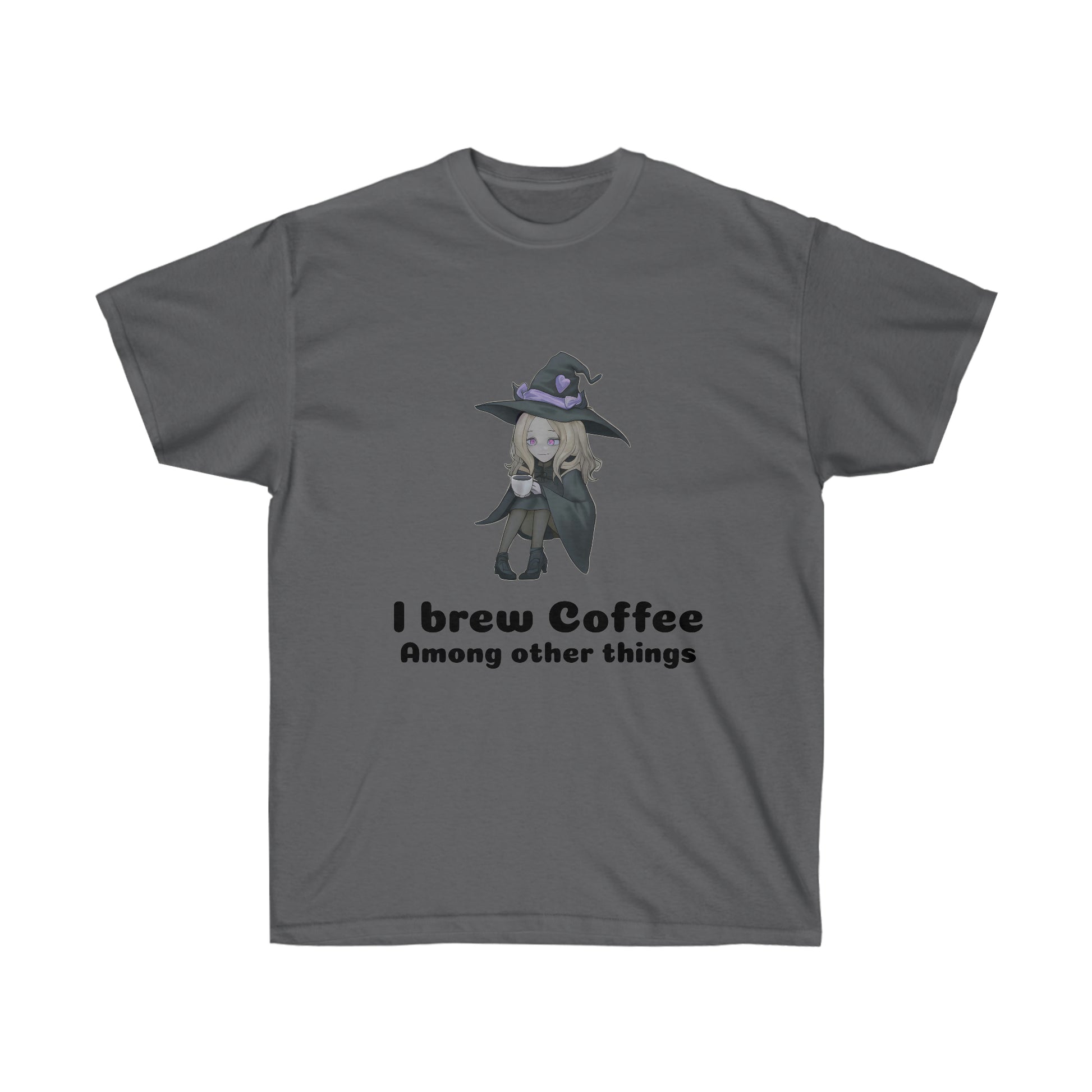 A charcoal coloured t-shirt with a blond witch in a black robe and hat drinking coffee. The black text reads "I brew coffee among other things"