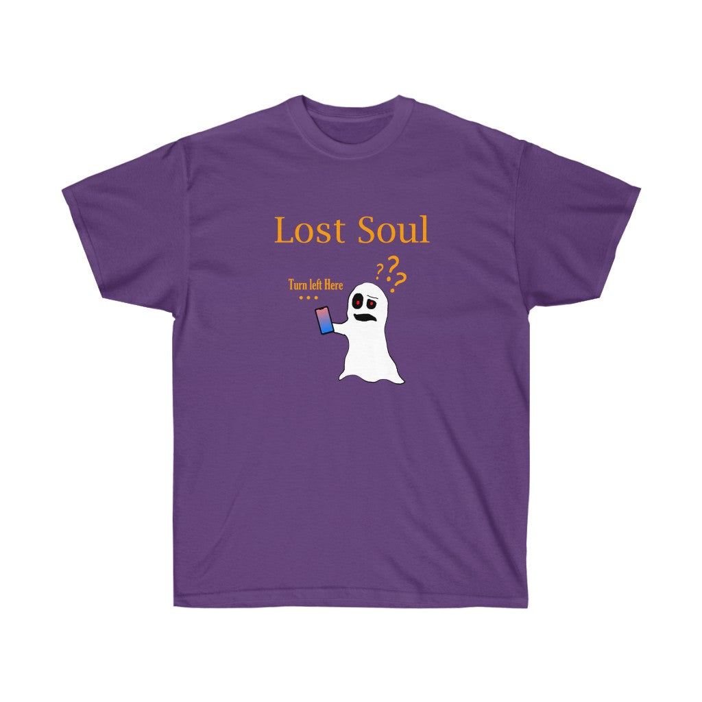 A purple shirt with golden text saying "Lost Soul". The graphic on it depicts a confused ghost holding a cell phone with the text "Turn left here" above the cellphone.