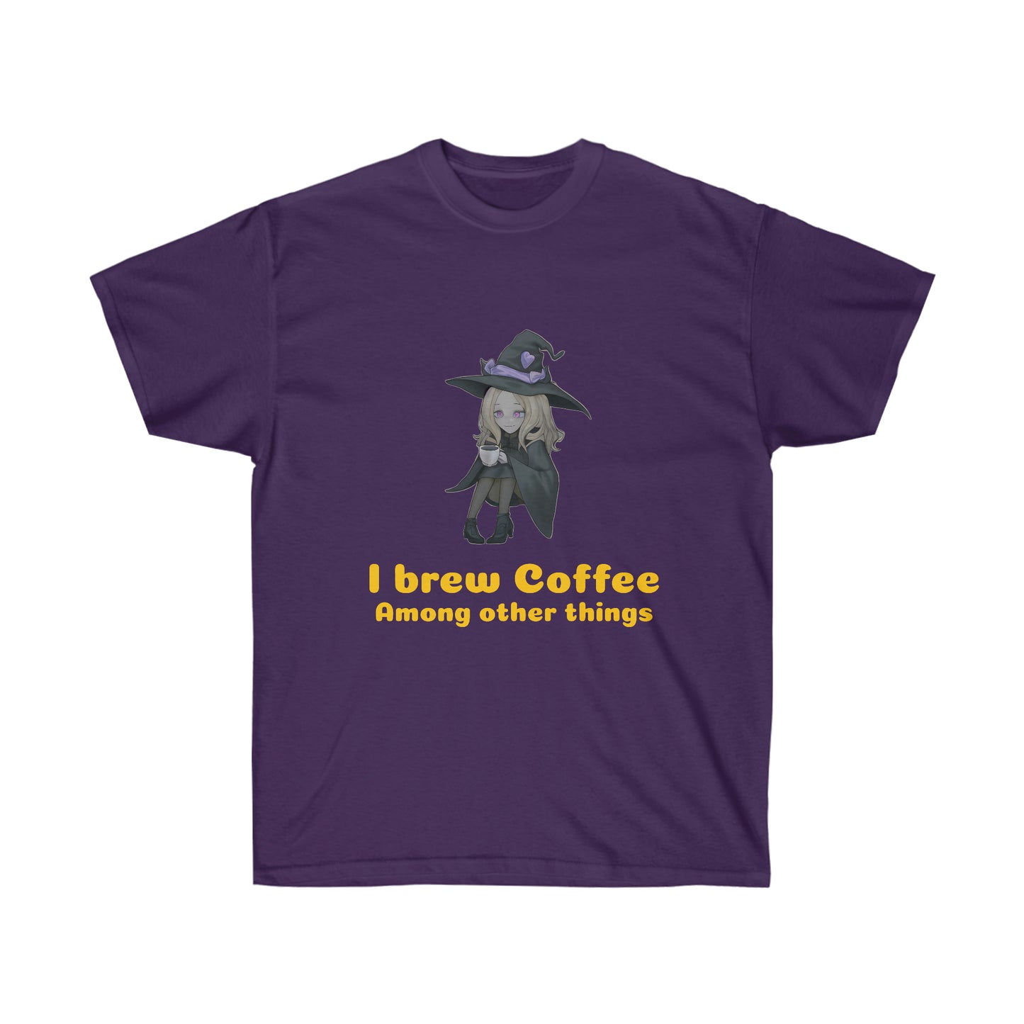 A purple coloured t-shirt with a blond witch in a black robe and hat drinking coffee. The yellow-gold text reads "I brew coffee among other things"