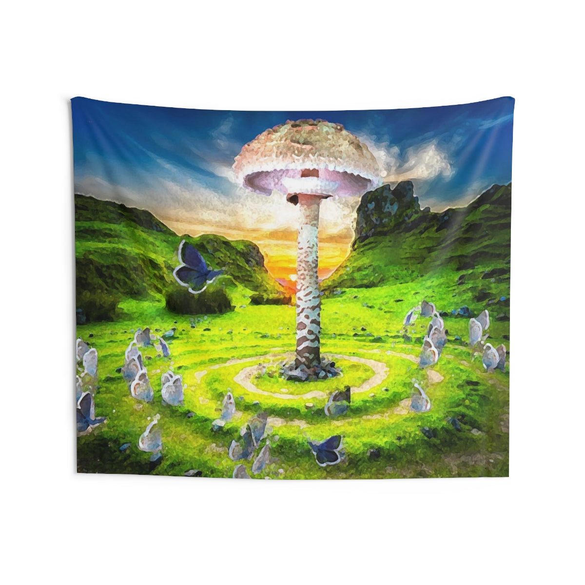 A field with a giant mushroom growing in the middle of a fairy ring. In the foreground, butterflies are flying bye. The sun is setting behind some mountains framing everything in the background.