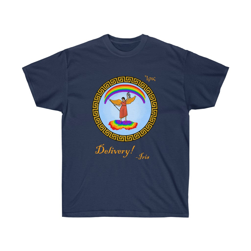 A navy blue shirt. It has a graphic in the middle depicting the goddes Iris riding on a rainbow cloud. She's wearing a red dress and holding a spear and jug. There's a rainbow above her. Surrounding her graphic is circular meandros. Below her graphic is golden text that says "Delivery! -Iris." In the upper left is her name in greek.