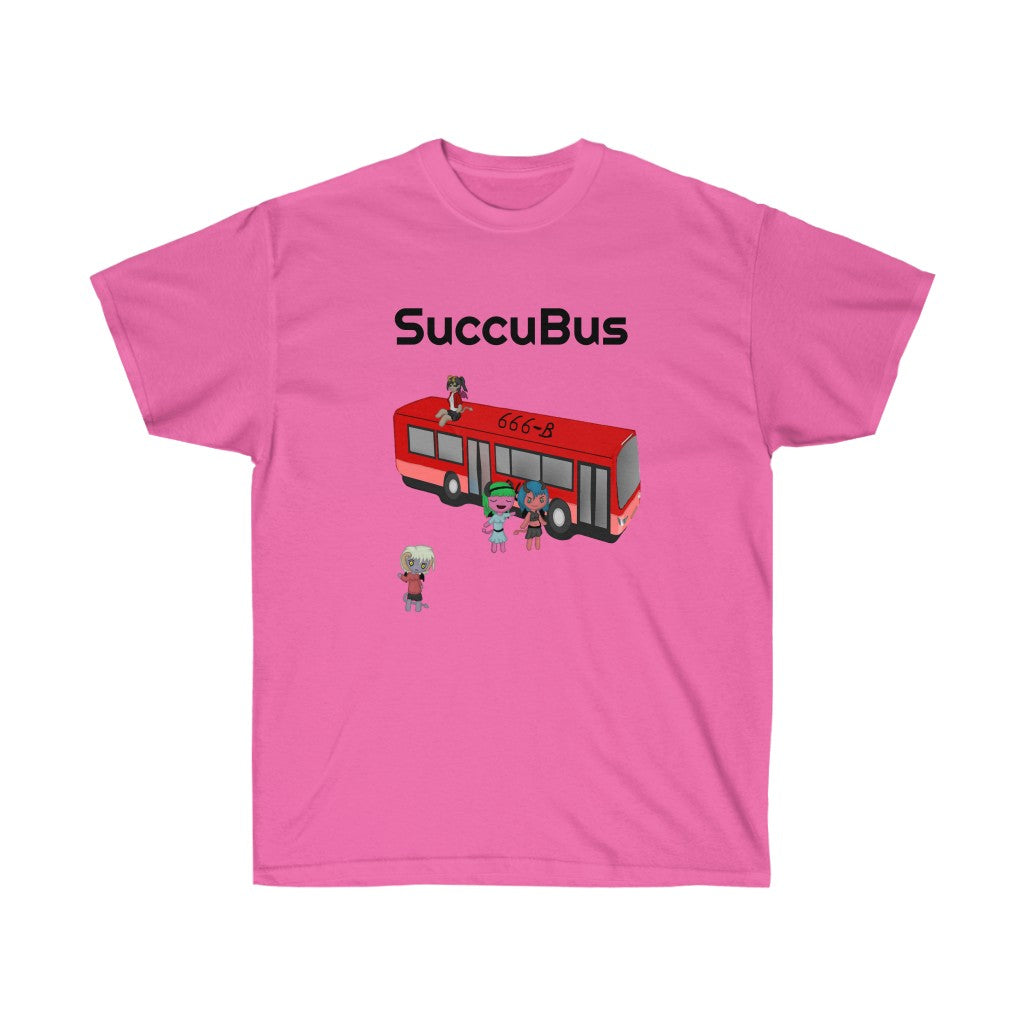 A pink shirt. It has a graphic of a red bus with the number "666-B" on the roof. There is a succubus sitting on the roof of the bus, two other succubi standing beside it, and another standing a bit away from it. Above the bus is the text "SuccuBus" in black text.