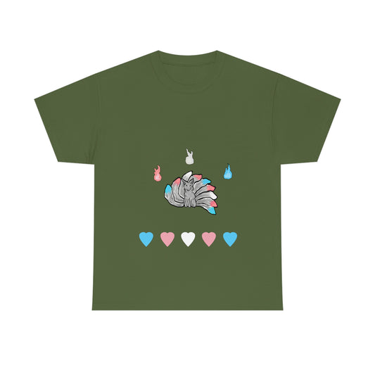 A military green shirt with a grey kitsune dead center. There are 3 fires above and 5 hearts below them. Their tails, the fires, and the hearts, are in the trans pride colours.