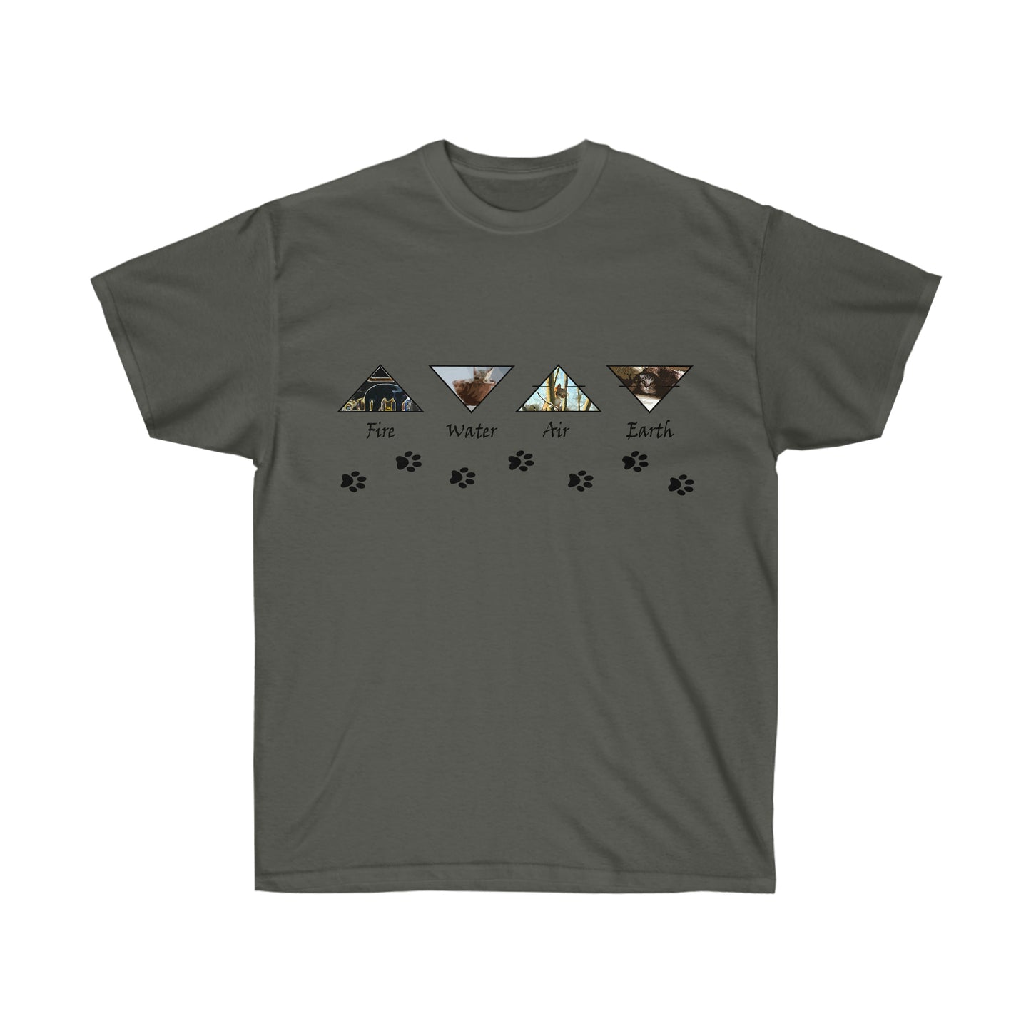 A black shirt with 4 black outlined triangles alternating pointed up and down. The triangles each have representations of the elements with the text fire, water, air, and earth underneath each respectively. Underneath the triangles are black cat paw prints.