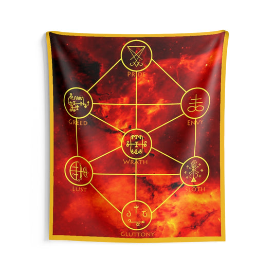 A tapestry hanging on the wall. The background is covered in a decorative pattern akin to fire. Starting from the top, we have Pride and Lucifer's sigil. Below that is Greed and the sigil of Mammon. Beside that is Envy and the sigil of Leviathan. Next is wrath and the sigil of Amon. On the next row is Lust and the sigil of Asmodius and Sloth and the sigil of Belphegor. At the very bottom is Gluttony and the sigil of Beelzebub.