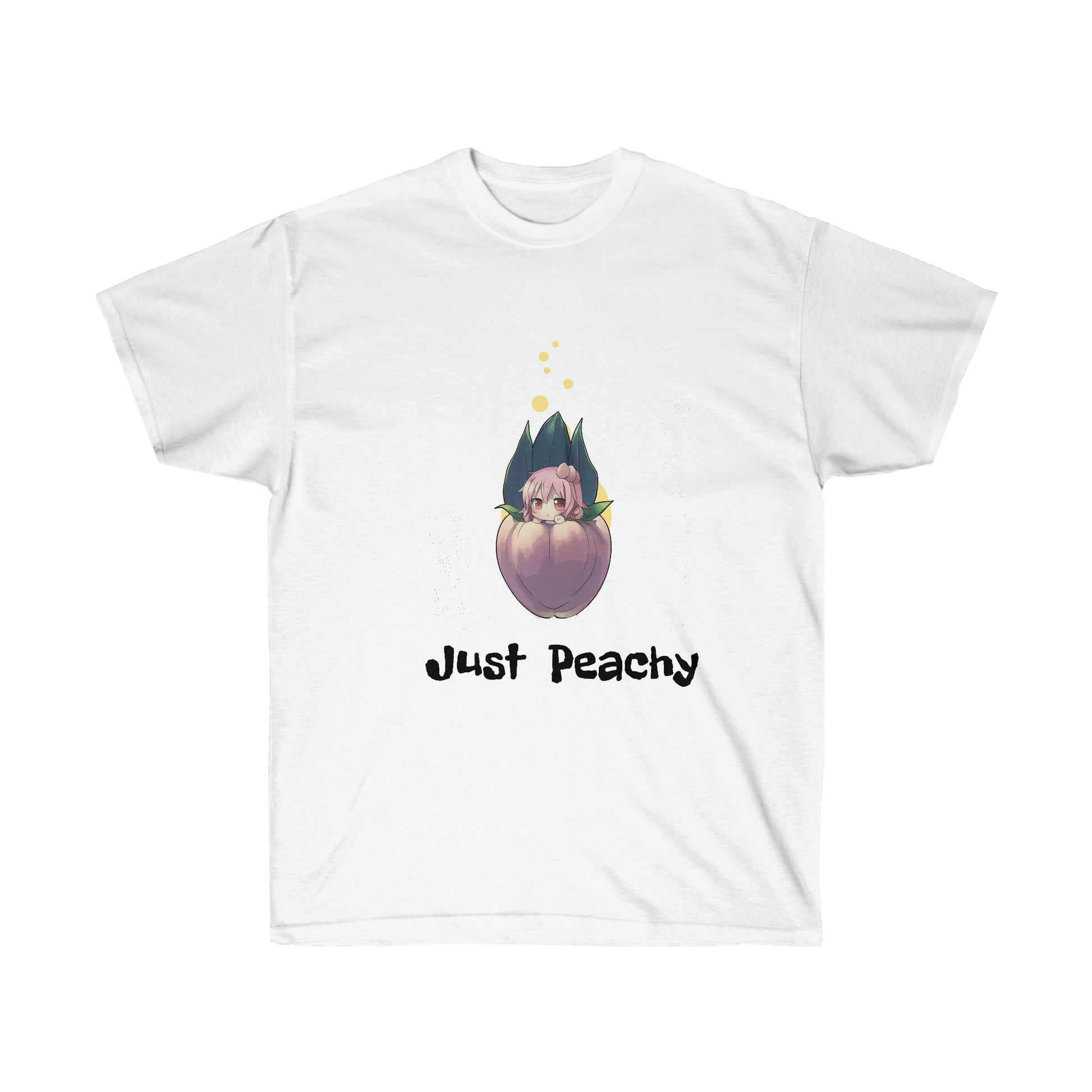 A white shirt featuring a graphic of a fairy girl with pink hair sitting inside of a peach. Below her, there is black text reading "Just peachy"