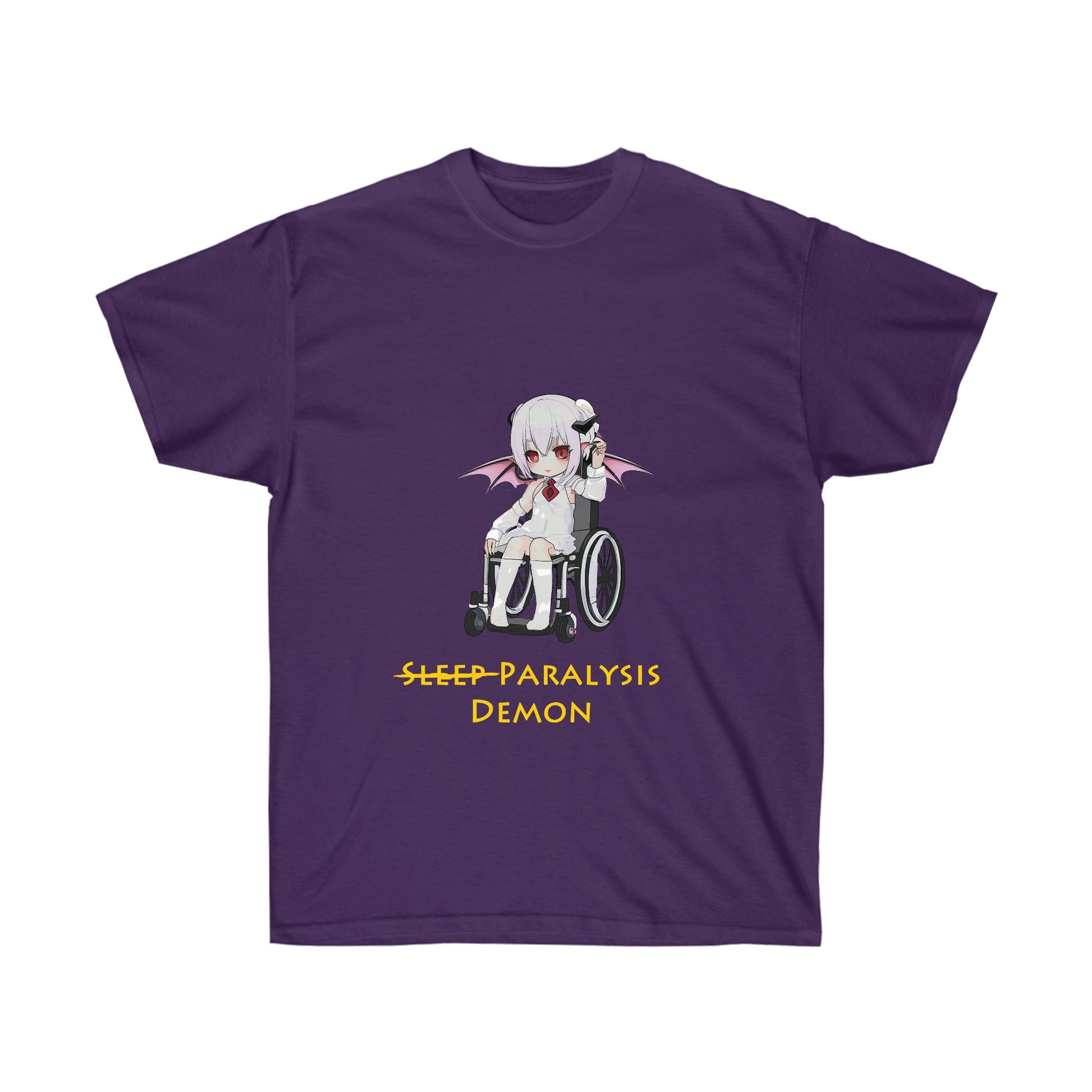 A purple shirt featuring a graphic of a demon in a white shirt and skirt with a red tie sitting in a wheelchair. Below the graphic, there is gold text reading "Sleep paralysis demon" with sleep crossed out.